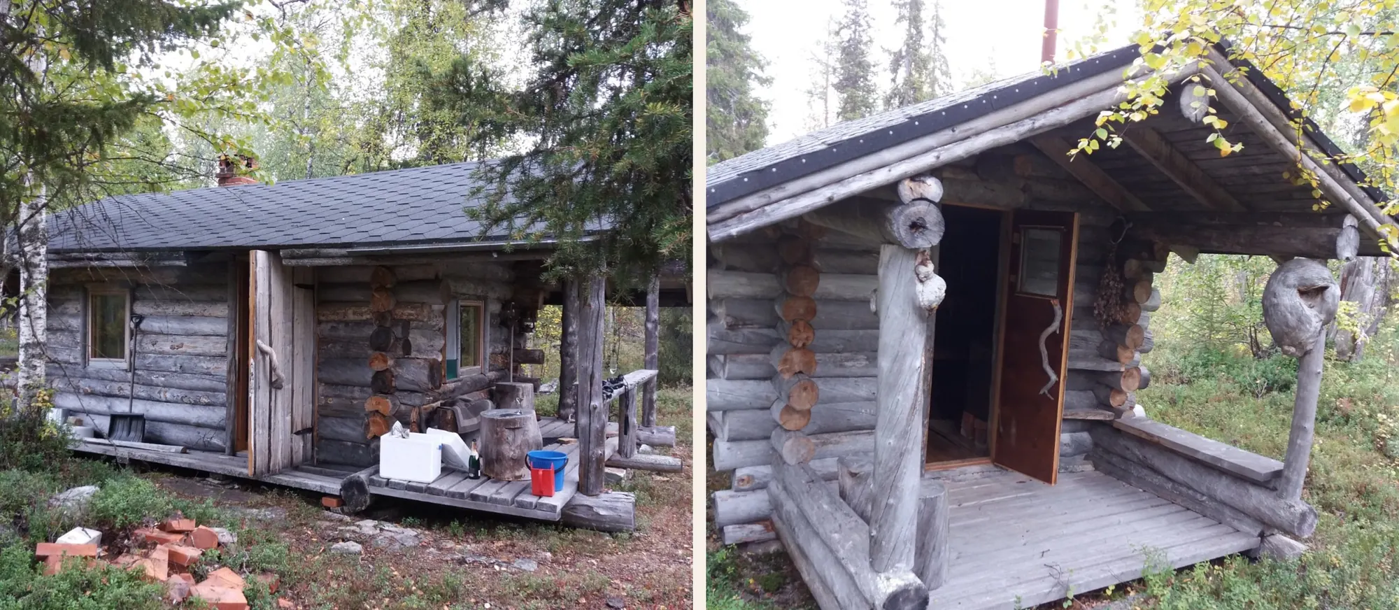 Two traditional log sauna cabins in a Finnish Lapland forest