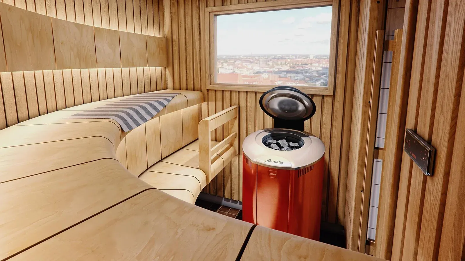 Sauna with curved benches, a sea-view window and a red cylindrical heater