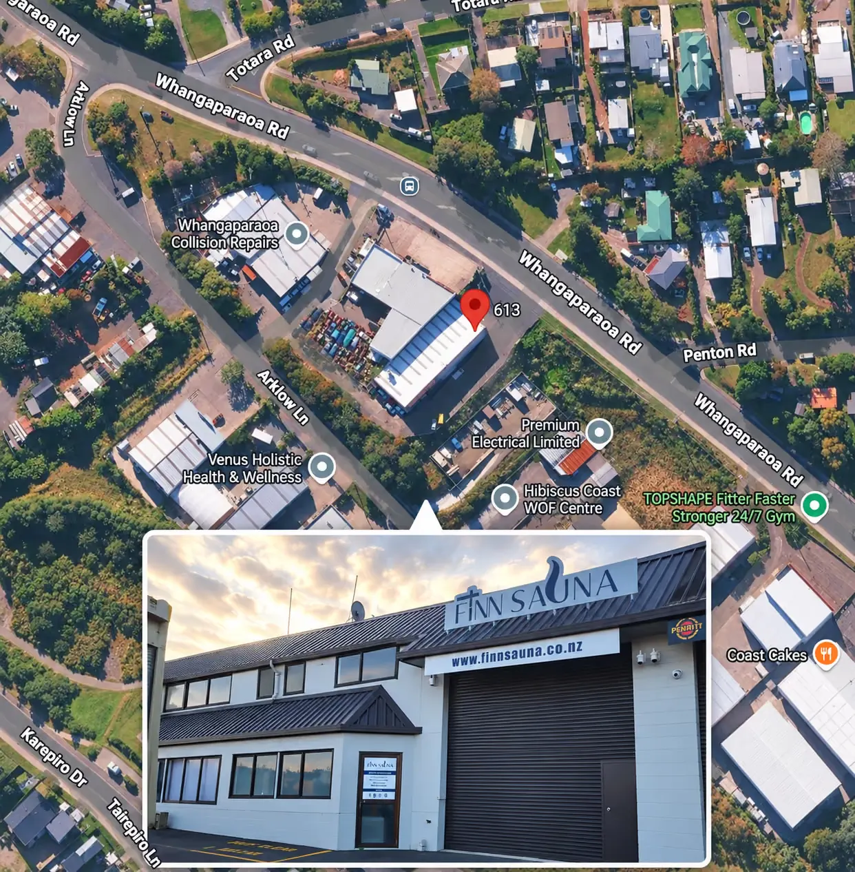 Aerial map of FinnSauna on Whangaparaoa Road with a photo of the storefront