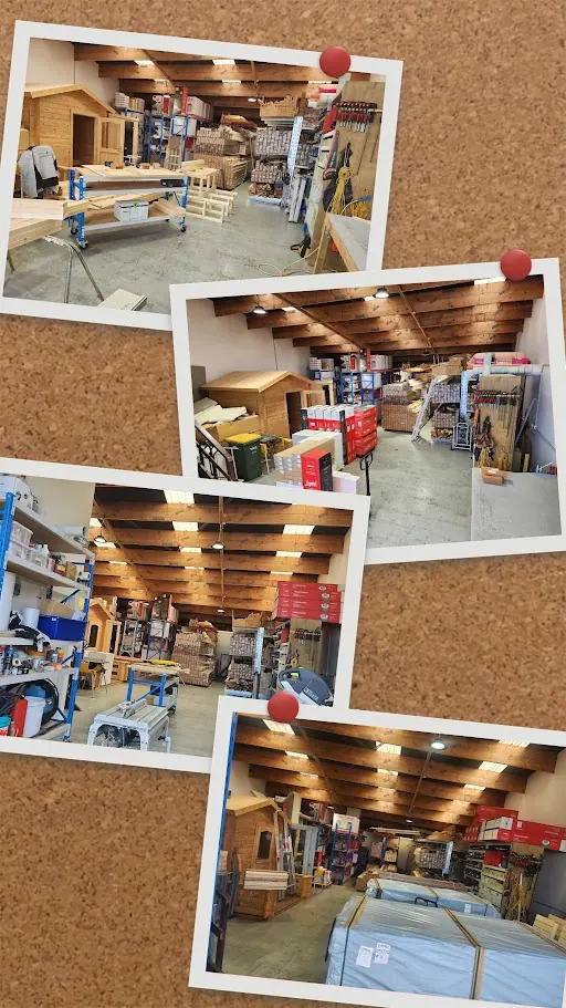 Collage of FinnSauna builds pinned to the workshop wall