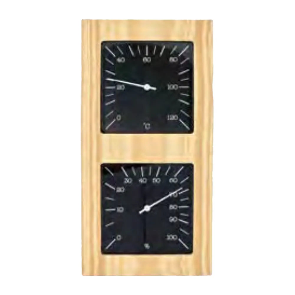 Thermo-hygrometer. Radiata Pine. Vertical. Black dial.