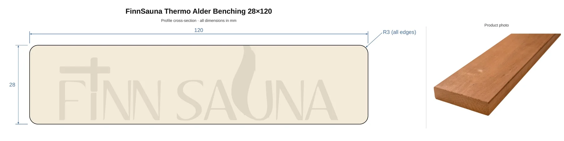 Cross-section drawing of thermo-alder bench board 28 × 120 mm with rounded edges
